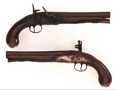 Lot 182 - A PAIR OF SILVER-MOUNTED FLINTLOCK PISTOLS BY PETER 2 GANDON