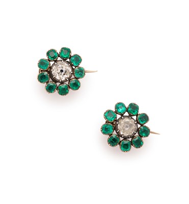 Lot 657 - GEORGIAN, PAIR OF EMERALD AND DIAMOND BROOCHES, 1800s