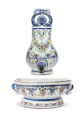 Lot 3 - A ROUEN FAIENCE WATER FOUNTAIN AND BASIN, 18TH CENTURY