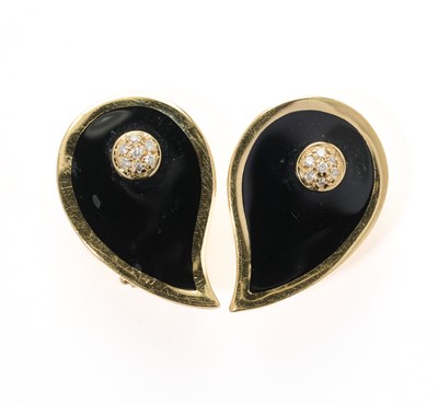Lot 354 - A PAIR OF LACQUER AND DIAMOND EAR CLIPS