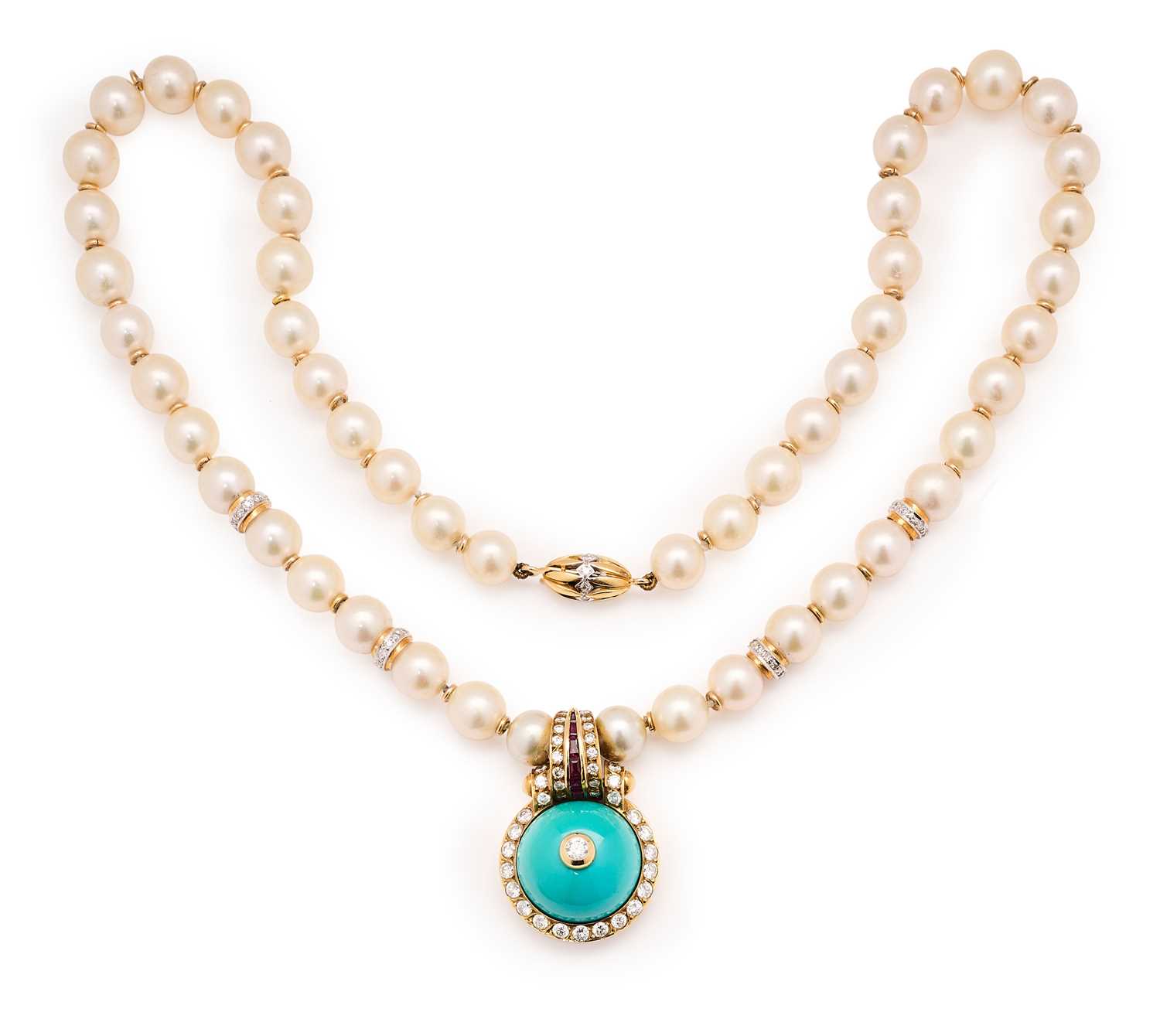 Lot 336 - CULTURED PEARL, TURQUOISE, RUBY AND DIAMOND NECKLACE