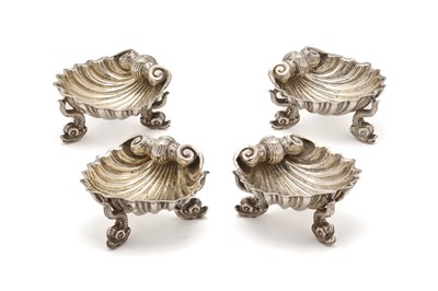 Lot 572 - A SET OF FOUR VICTORIAN SILVER SALT CELLARS, ROBERT HENNELL, LONDON, 1864