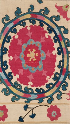 Lot 199 - A FRAGMENT FROM A TASHKENT SUSANI, CENTRAL ASIA, CIRCA 1900