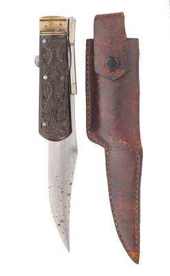 Lot 709 - AN INDIAN FOLDING BOWIE KNIFE IN ITS SCABBARD, 19TH CENTURY