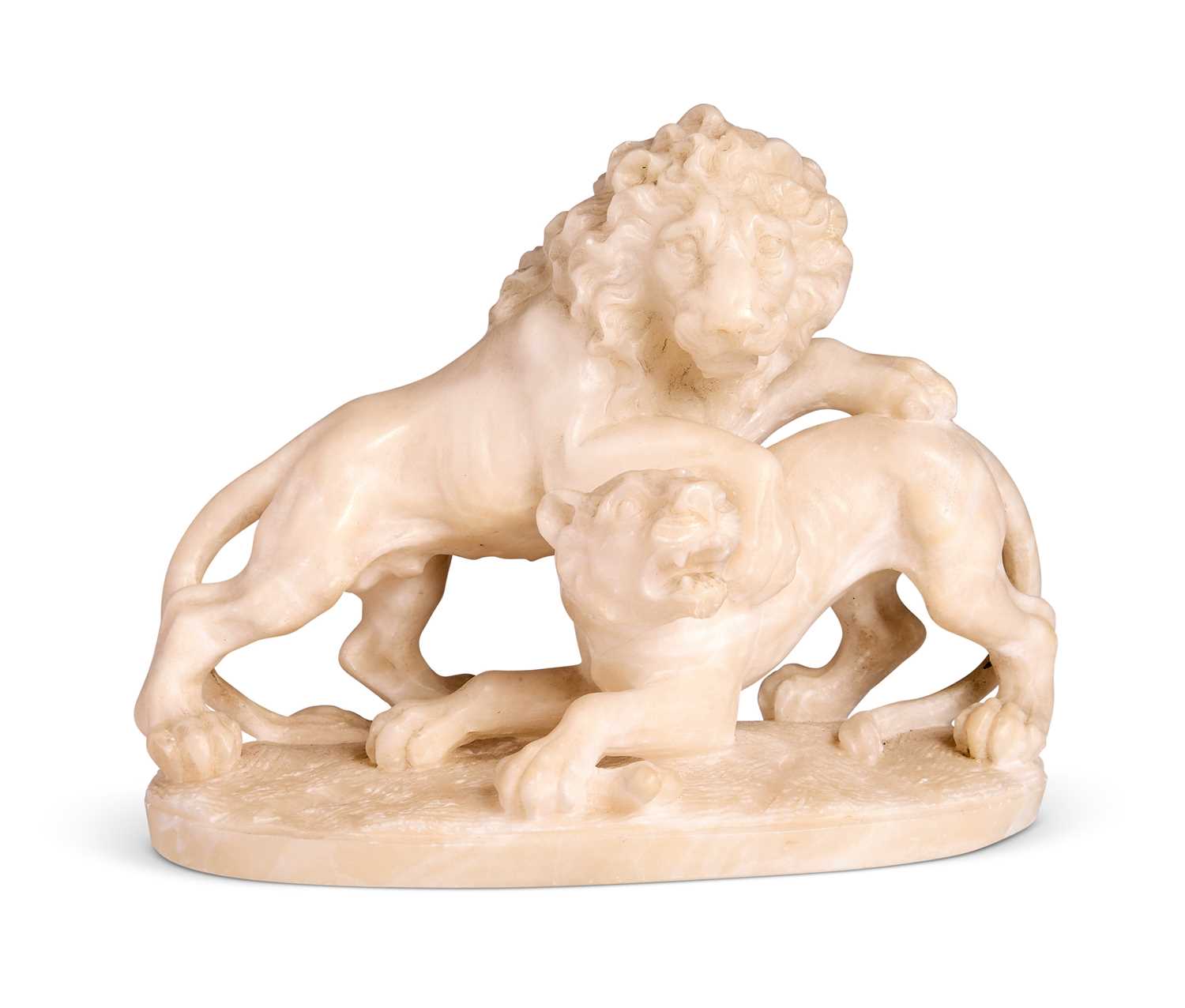 Lot 89 - AN ALABASTER GROUP OF A LION AND LIONESS, PROBABLY ITALIAN 19TH CENTURY
