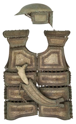 Lot 677 - AN UNUSUAL SOUTHEAST ASIAN DECORATED COPPER ALLOY HALF ARMOUR