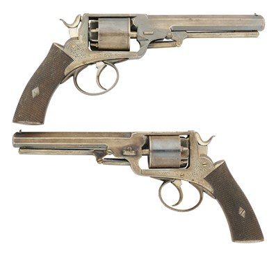 Lot 426 - A RARE BRACE OF 54 BORE PERCUSSION 'WEDGE-FRAME' DOUBLE-ACTION FIVE-SHOT REVOLVERS OF WEBLEY TYPE