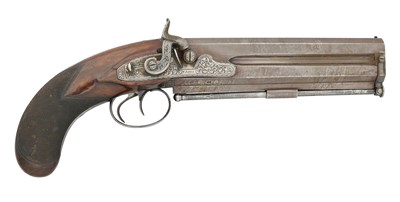 Lot 397 - AN 18 BORE PERCUSSION OVER-AND-UNDER PISTOL, SIGNED W. JONES, EARLY 19TH CENTURY