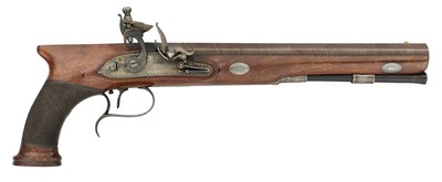Lot 392 - A FINE 25 BORE FLINTLOCK SAW-HANDLED DUELLING PISTOL, BY T. MORTIMER & SON