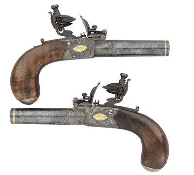 Lot 367 - A PAIR OF IRISH 40 BORE FLINTLOCK BOX-LOCK OVERCOAT PISTOLS, BY FOWLER, DUBLIN, CIRCA 1800