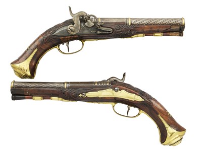 Lot 394 - AN UNUSUAL PAIR OF CONTINENTAL 32 BORE PERCUSSION RIFLED COPPER ALLOY-MOUNTED PISTOLS