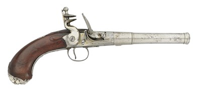 Lot 370 - A 25 BORE FLINTLOCK SILVER-MOUNTED TURN-OFF PISTOL BY BIRCHETT, LONDON