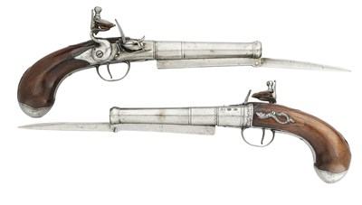 Lot 369 - AN UNUSUAL PAIR OF 20 BORE FLINTLOCK TURN-OFF PISTOLS WITH FOLDING BAYONETS BY HALFHIDE