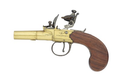 Lot 385 - AN 80 BORE FLINTLOCK BOX-LOCK POCKET PISTOL SIGNED GRIFFIN, LONDON, LATE 18TH CENTURY
