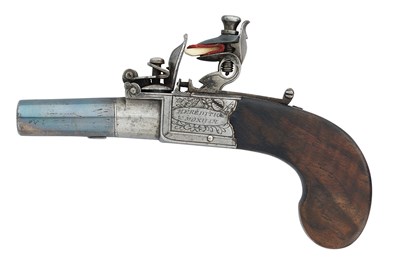 Lot 607 - A FLINTLOCK BOX-LOCK POCKET PISTOL OF SMALL BORE BY MEREDITH & MOXHAM, LONDON, CIRCA 1820-23