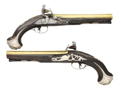Lot 371 - A PAIR OF 18 BORE FLINTLOCK SILVER-MOUNTED HOLSTER PISTOLS, BY HEYLIN, CORNHILL, LONDON