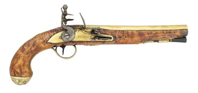 Lot 372 - AN 18 BORE FLINTLOCK COPPER ALLOY-BARRELLED PISTOL WITH COPPER ALLOY LOCK AND MOUNTS