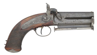 Lot 396 - A RARE IRISH 28 BORE PERCUSSION OVER-AND-UNDER BACK-ACTION TRAVELLING PISTOL, BY KAVANAGH