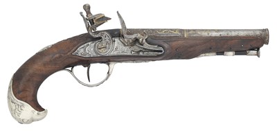 Lot 603 - A FRENCH 28 BORE FLINTLOCK SILVER-MOUNTED PISTOL BY SOUICHE LE CADET