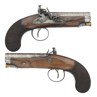 Lot 393 - A PAIR OF 20 BORE FLINTLOCK TRAVELLING PISTOLS SIGNED HAMBLING, BIRMINGHAM PROOF MARKS, CIRCA 1830