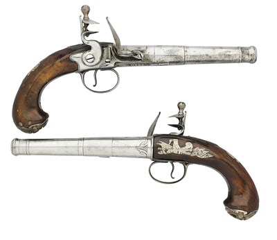 Lot 365 - A RARE PAIR OF IRISH 20 BORE FLINTLOCK SILVER-MOUNTED TURN-OFF PISTOLS BY COLLINS