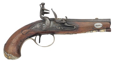Lot 359 - AN UNUSUAL FRENCH 50 BORE FLINTLOCK SILVER-MOUNTED PISTOL IN THE ENGLISH FASHION BY P.J. PARILIS