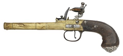 Lot 378 - A 50 BORE FLINTLOCK BOX-LOCK D.B. TURN-OFF PISTOL BY MEWIS & CO, BIRMINGHAM SILVER HALLMARKS FOR