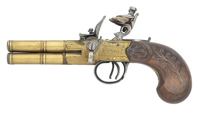 Lot 387 - A FLINTLOCK FOUR-BARRELLED BOX-LOCK TAP-ACTION PISTOL INSCRIBED WILKINS, GRANTHAM