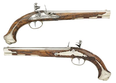 Lot 362 - A PAIR OF GERMAN 32 BORE FLINTLOCK SILVER-MOUNTED HOLSTER PISTOLS BY CHRISTIAN HANPEL A LUDWIGSBURG