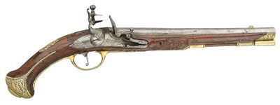 Lot 361 - A DANISH 25 BORE FLINTLOCK ORMOLU-MOUNTED HOLSTER PISTOL BY A. GEBAUER, COPENHAGEN, MID-18TH CENTURY