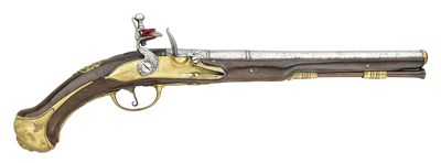 Lot 356 - A FLEMISH 25 BORE FLINTLOCK COPPER ALLOY-MOUNTED HOLSTER PISTOL BY LE PAPE, LATE 17TH CENTURY