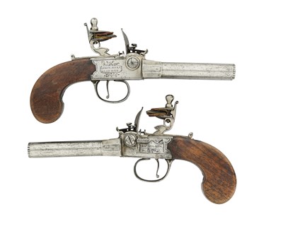 Lot 381 - A PAIR OF 60 BORE FLINTLOCK BOX-LOCK SIDE-BY-SIDE TAP-ACTION PISTOLS BY NICHOLSON