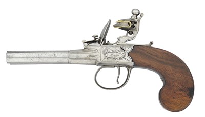 Lot 383 - A 60 BORE FLINTLOCK BOX-LOCK SIDE-BY-SIDE TAP-ACTION PISTOL SIGNED MEWIS & CO., LONDON