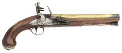 Lot 389 - A 22 BORE FLINTLOCK SILVER MOUNTED PISTOL, 18TH CENTURY