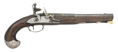 Lot 358 - A FRENCH 23 BORE FLINTLOCK SILVER-MOUNTED PISTOL, MID 18TH CENTURY