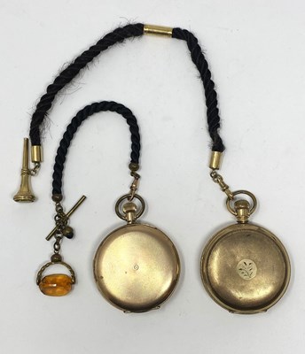 Lot 304 - TWO GILT-METAL HUNTING CASED POCKET WATCHES WITH GILT-METAL MOUNTED WOVEN HAIR ALBERTS, LATE 19TH CENTURY