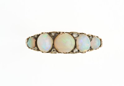 Lot 631 - VICTORIAN OPAL AND DIAMOND HALF HOOP RING, 1890s