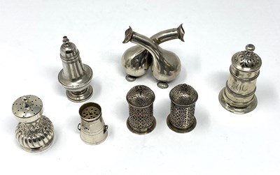 Lot 105 - A GROUP OF SIX SMALL VICTORIAN SILVER PEPPERETTES, VARIOUS MAKERS, LONDON AND BIRMINGHAM, 1878-1889