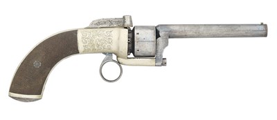 Lot 612 - A 90 BORE PERCUSSION TRANSITIONAL SINGLE-ACTION SIX-SHOT REVOLVER BY T. BLISSETT