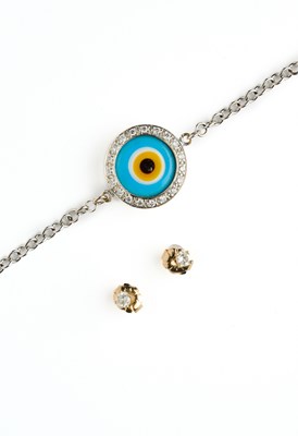 Lot 625 - GLASS AND DIAMOND BRACELET AND A PAIR OF DIAMOND EAR STUDS