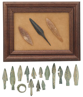 Lot 698 - TWO STONE ARROWHEADS AND FOURTEEN COPPER ALLOY ARROWHEADS, PROBABLY 10,000 – 900 B.C.E