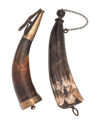 Lot 598 - A COPPER ALLOY-MOUNTED POWDER HORN, EARLY 19TH CENTURY AND ANOTHER POWDER HORN