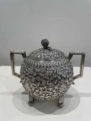 Lot 206 - A KUTCH SILVER TEASET, OOMERSI MAWJI OF BHUJ, WESTERN INDIA, 1880-1890