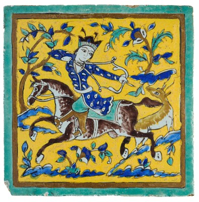 Lot 170 - A QAJAR CUERDA SECA TILE, PERSIA, 19TH CENTURY