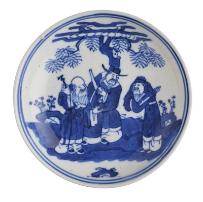 Lot 13 - A CHINESE BLUE AND WHITE 'IMMORTALS' SAUCER DISH, QIANLONG MARK AND PERIOD (1736-95)