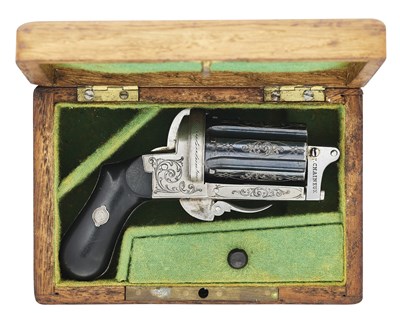 Lot 414 - AN UNUSUAL CASED LIEGE PIN-FIRE SIX-SHOT POCKET REVOLVER OF SMALL BORE, CIRCA 1860