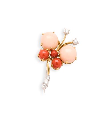 Lot 716 - CORAL AND DIAMOND BROOCH, 1970s