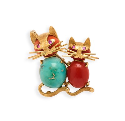 Lot 720 - TURQUOISE AND CORAL BROOCH, 1970s