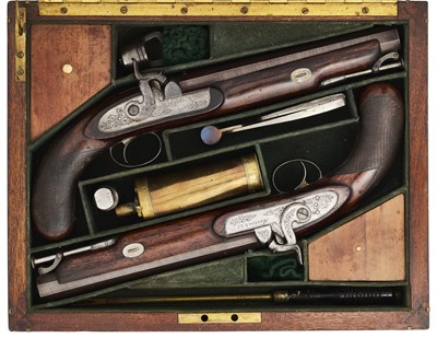 Lot 399 - A CASED PAIR OF PERCUSSION OFFICER'S BELT PISTOLS OF CARBINE BORE BY MANTON & CO