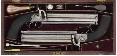 Lot 401 - A CASED PAIR OF LARGE 25 BORE PERCUSSION OVER-AND-UNDER PISTOLS BY TIPPING & LAWDON